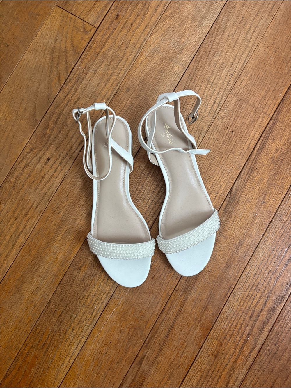 Amazon White Pearl-Trim Ankle Strap Sandals